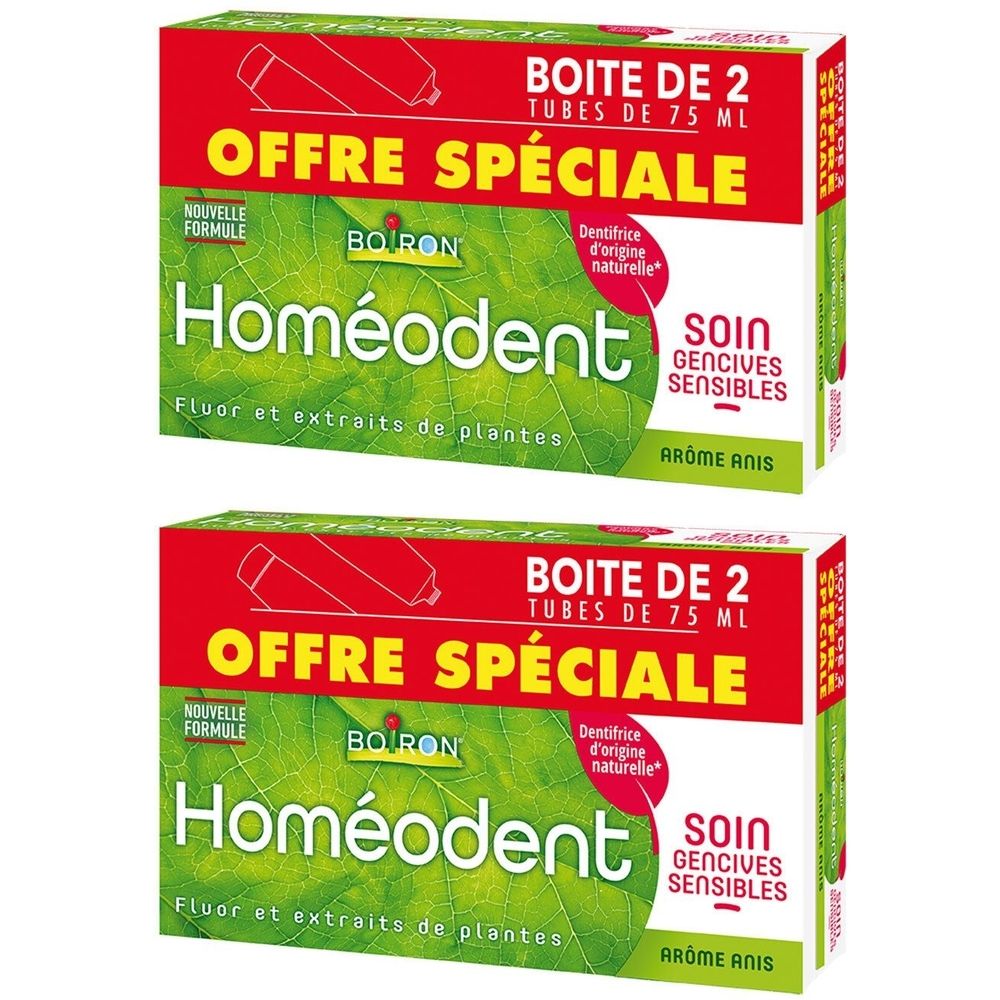 Deux boîtes rouges avec l'inscription "OFFRE SPÉCIALE". Texte: "BOITE DE 2 TUBES". Nom du produit: Homéodent. Mention: "SOIN GENCIVES SENSIBLES".