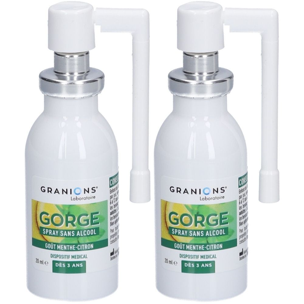 Deux flacons blancs avec vaporisateur. Inscription: GORGE, Spray sans alcool, Gout menthe-citron. Dispositif médical. Dès 3 ans.