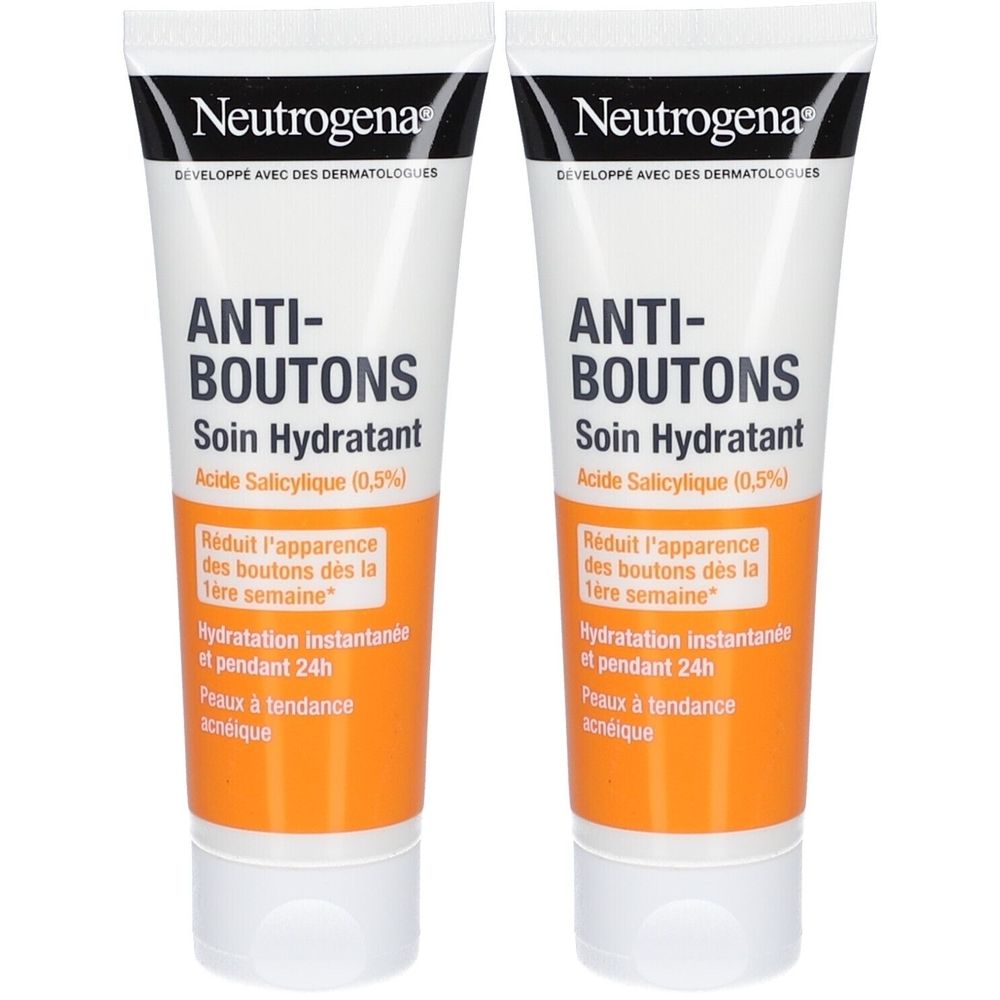 Deux tubes de crème. Blanc en haut, orange au centre. Inscriptions: Neutrogena, Anti-Boutons, Soin Hydratant, Acide Salicylique (0,5%).