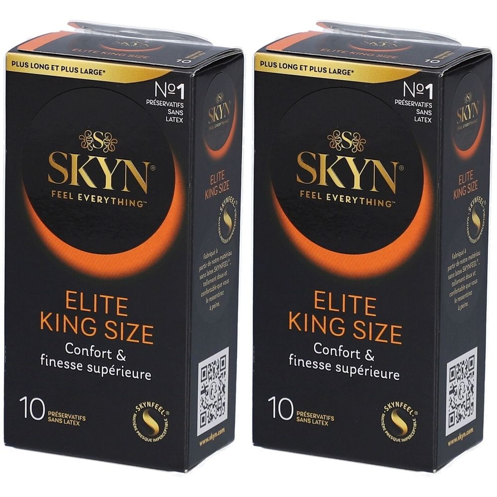 Deux boîtes de préservatifs SKYN Elite King Size. Emballage noir avec cercle orange et texte. Contient 10 préservatifs, sans latex.