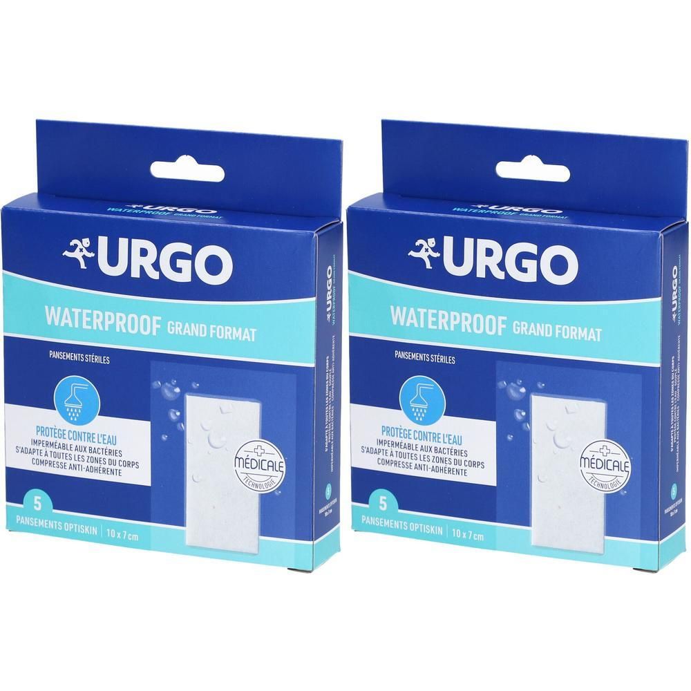 Deux boîtes bleues de pansements Urgo. Inscription : WATERPROOF GRAND FORMAT. Pansements stériles visibles. Produit médical.