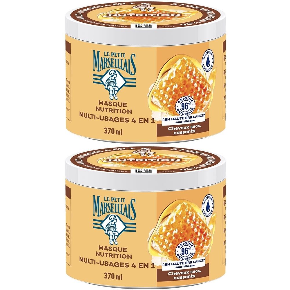 Deux pots. Inscription: MASQUE NUTRITION MULTI-USAGES 4 EN 1. Image de rayon de miel. 370 ml. Pour cheveux secs et cassants.