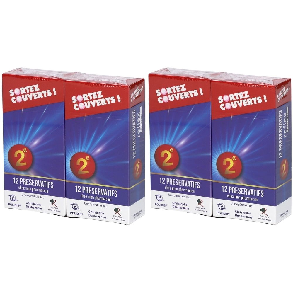 Deux boîtes de préservatifs. Inscription : SORTEZ COUVERTS ! 12 PRESERVATIFS. Marque 2€ sur l'emballage.
