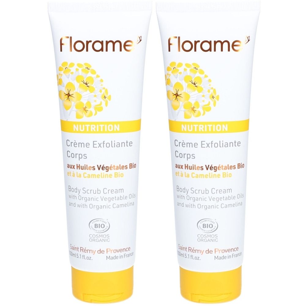 Deux tubes de crème. Inscription: Florame, Nutrition, Crème Exfoliante Corps. Certification Bio. Bouchon jaune.