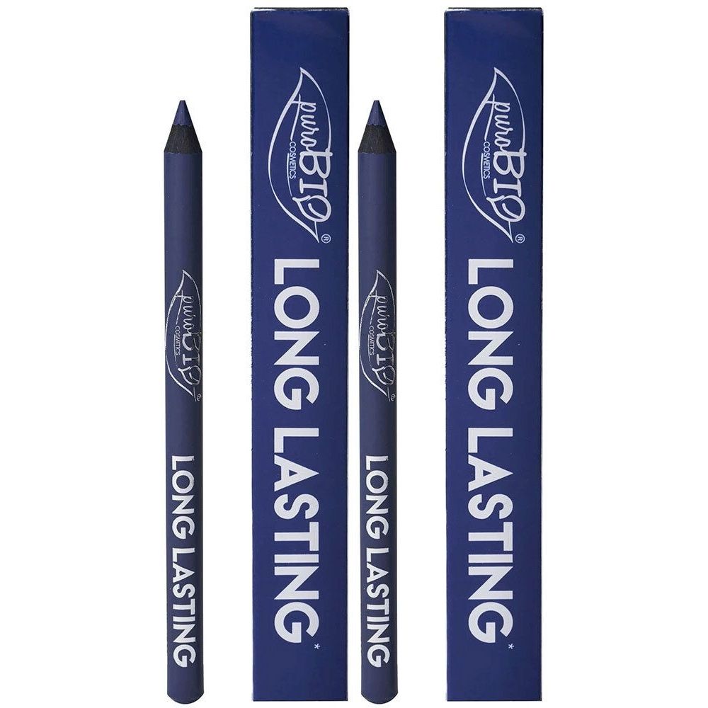 Crayon pour les yeux bleu et emballage. L'emballage porte les mentions "puroBio Cosmetics" et "LONG LASTING".