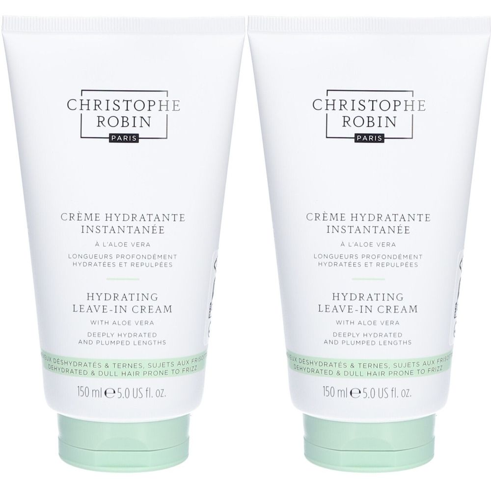 Deux tubes de crème blancs avec des accents verts. Texte: CHRISTOPHE ROBIN, Crème Hydratante Instantanée, Hydrating Leave-in Cream.