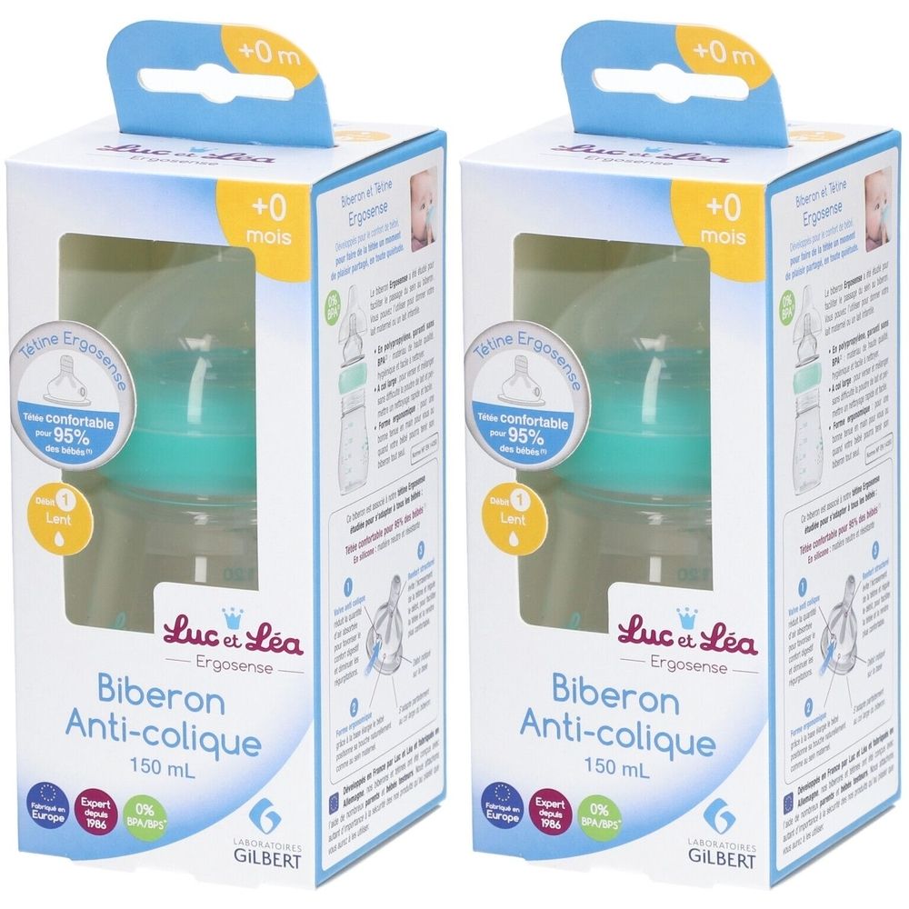 Deux biberons dans leur emballage. Inscription : Biberon Anti-colique, 150 ml, +0 mois. Marque : Luc et Léa. Avec tétine et capuchon bleu.