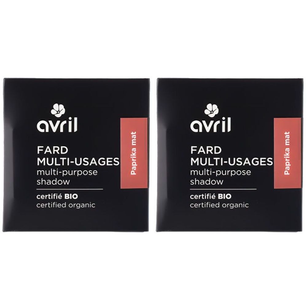 Deux emballages carrés noirs. Sur chacun, "avril Fard Multi-Usages shadow", "certifié BIO". Un rectangle rouge avec "Paprika mat".