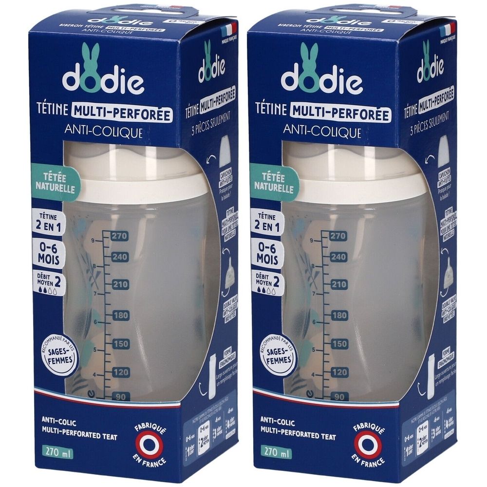 Deux biberons Dodie avec emballage. Emballage bleu avec logo et nom du produit. Biberons avec graduation et tétine.