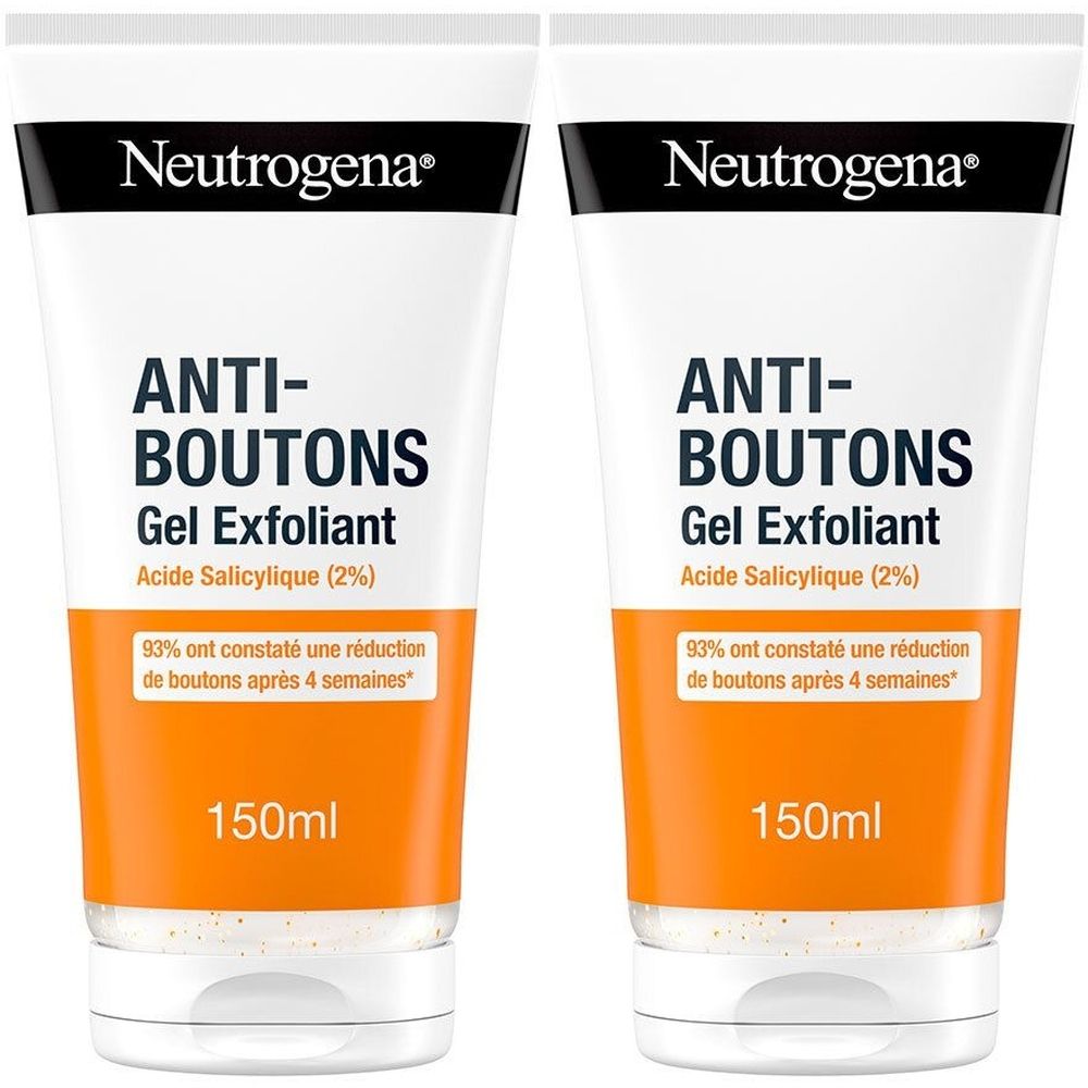 Deux tubes de gel exfoliant. Emballage blanc et orange avec texte noir. Contient de l'acide salicylique. Marque : Neutrogena.