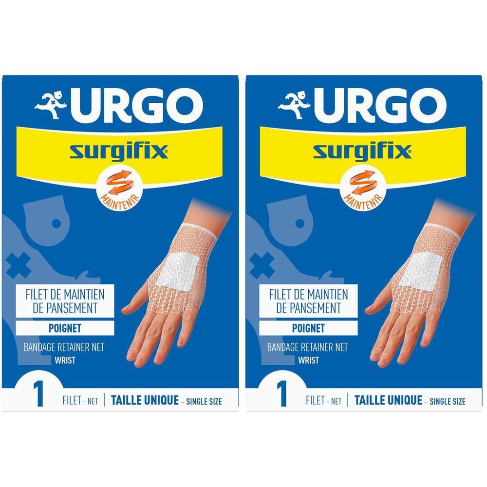 Deux emballages Urgo Surgifix. Fond bleu, encadré jaune avec logo et illustration : main avec filet de maintien.