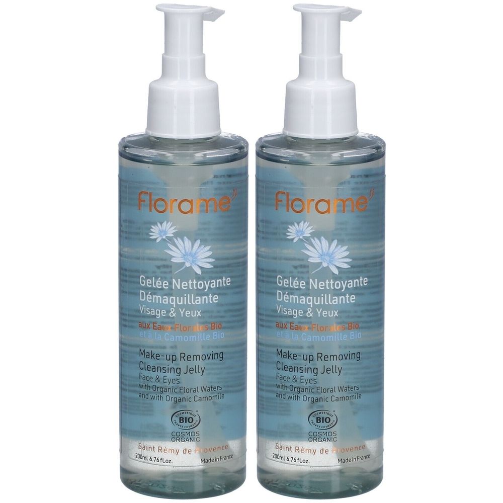 Deux flacons transparents avec pompe blanche. Étiquettes avec "Flora me" et "Gelée Nettoyante Démaquillante". Contient le logo BIO.