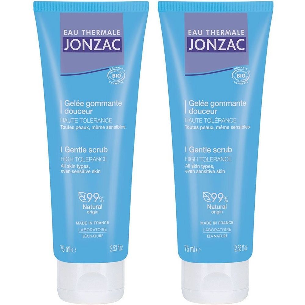 Deux tubes bleus avec bouchon blanc. Inscription: JONZAC, Gelée gommante douceur, 99% d'origine naturelle. Certification Bio.