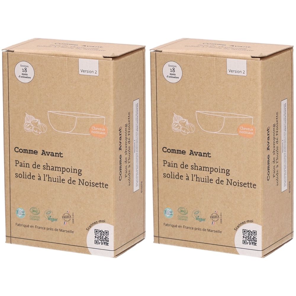Deux boîtes en carton rectangulaires. Inscription : Comme Avant, pain de shampoing solide à l'huile de Noisette. Version 2. Logos et QR code.