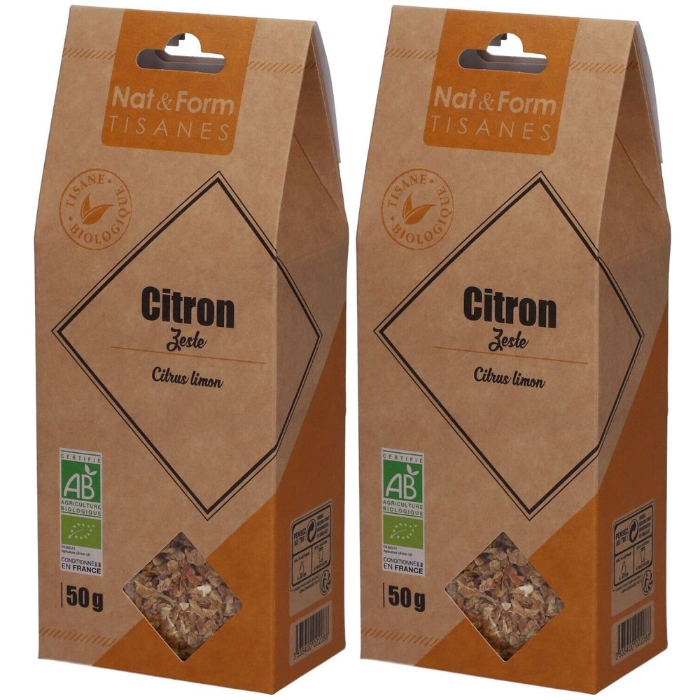 Deux paquets de tisane Nat&Form Citron bio. Inscription "Citron Zeste". Labels bio et poids 50g.