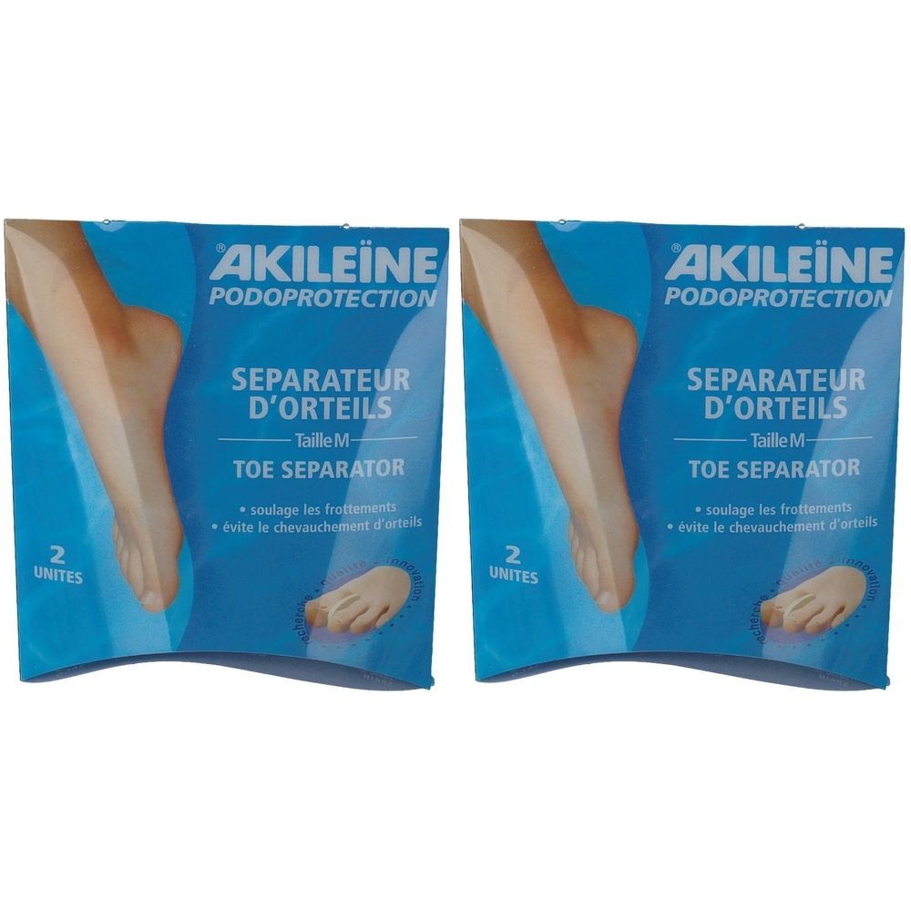 Deux paquets de séparateurs d'orteils Akileine. Emballage bleu avec nom du produit et illustration de pied. Contient deux unités.