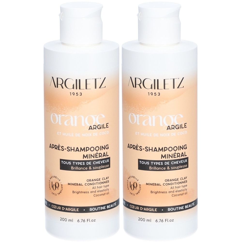 Deux flacons blancs avec étiquette orange. Inscription: ARGILETZ, orange argile, Après-shampooing minéral. Pour tous types de cheveux.