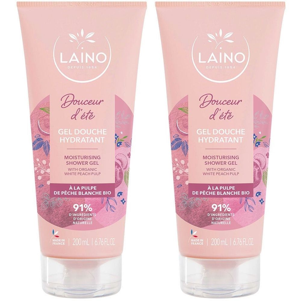Deux tubes roses de gel douche. Inscriptions: LAINO, Douceur d'été, Gel Douche Hydratant, à la pulpe de pêche blanche. 91% d'ingrédients d'origine naturelle.