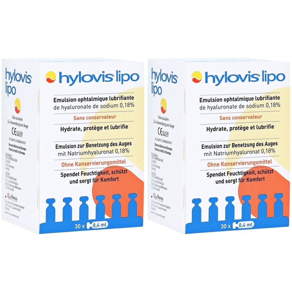 Deux boîtes d'émulsion ophtalmique. Marque : hylovis lipo. Contient 30 doses individuelles. Texte en allemand et français.