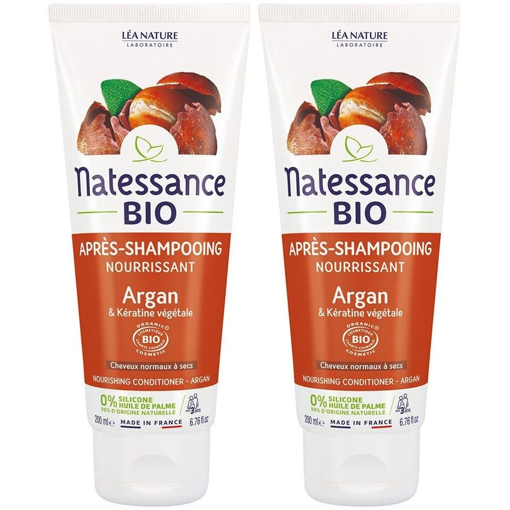 Deux tubes de Natessance Bio Après-Shampooing. Tubes blanc et orange avec illustration et texte. Inscription : Argan & Kératine végétale.