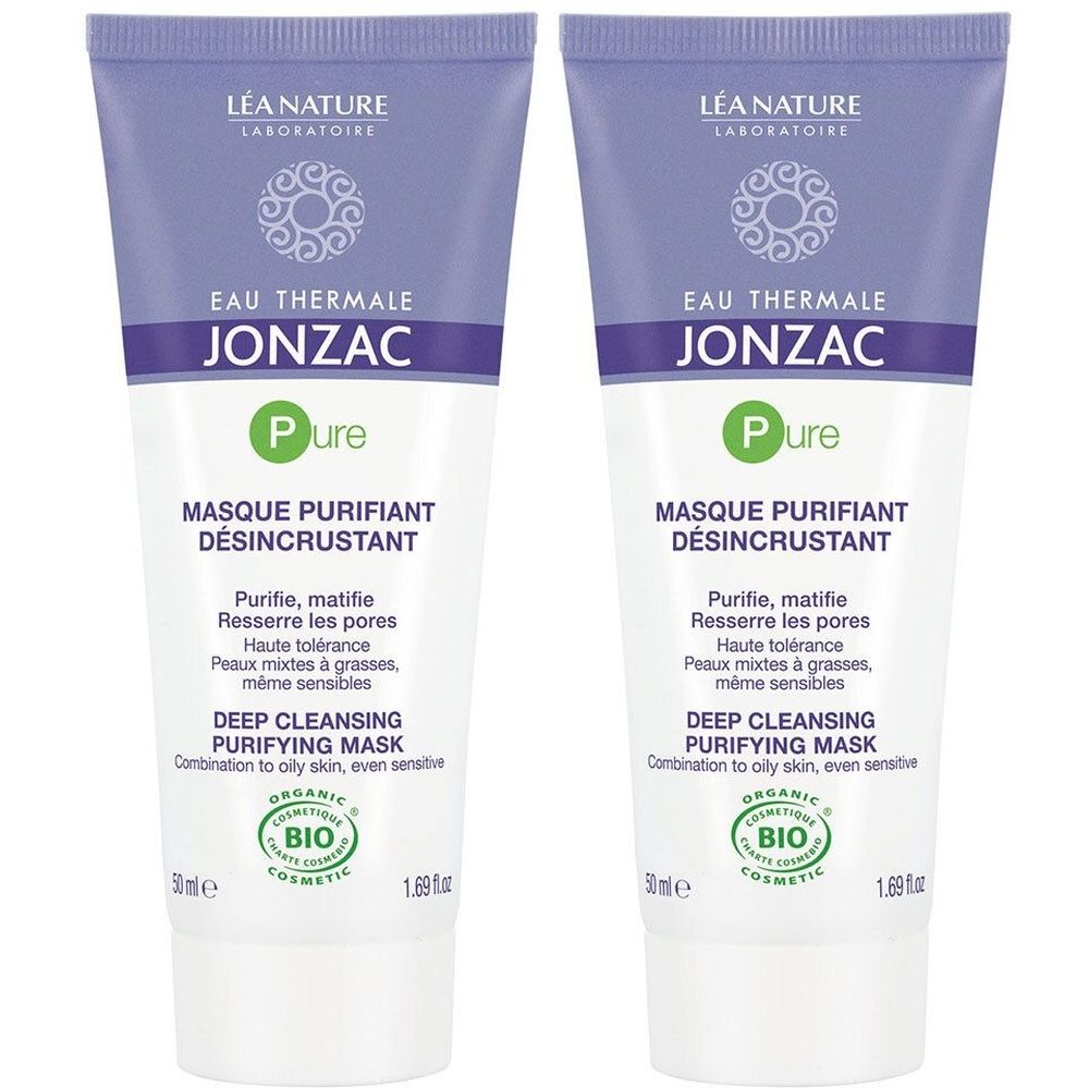 Deux tubes de masque facial. Fond blanc avec accents violets et verts. Texte : Jonzac Pure, Deep Cleansing Purifying Mask, Bio.