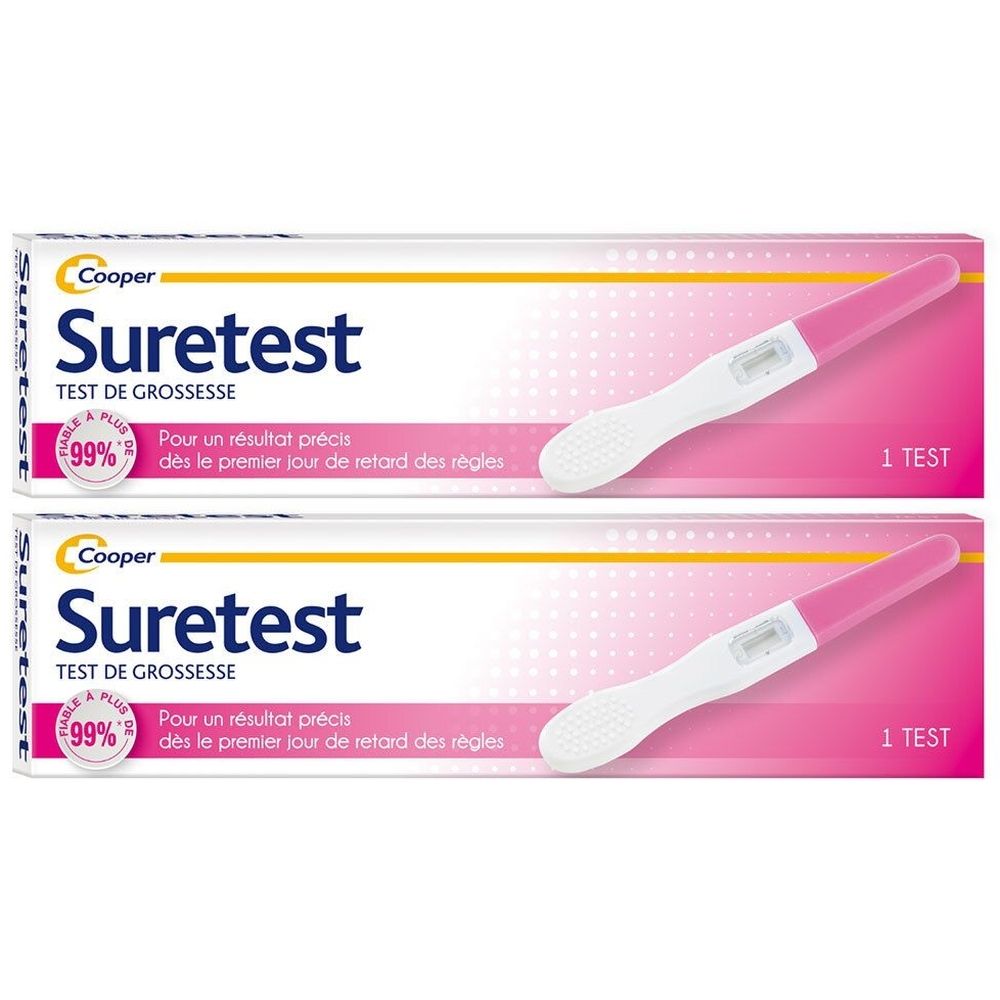 Deux boîtes de test de grossesse Suretest. Contiennent un test. Les tests sont blancs et roses. Texte: Test de grossesse, 99% précis.