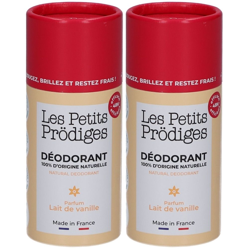 Deux déodorants cylindriques avec couvercle rouge. Inscription: Les Petits Prödiges, Déodorant, Lait de vanille. Fabriqué en France.