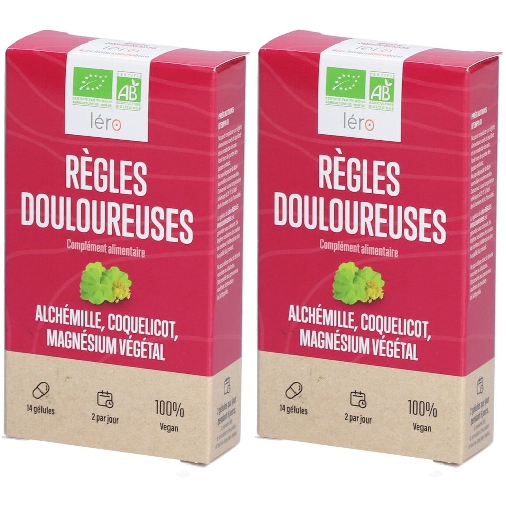 Deux boîtes rouges. Texte: RÈGLES DOULOUREUSES, Alchémille, Coquelicot, Magnésium végétal. Logo AB. 14 gélules, 2 par jour, 100% vegan.
