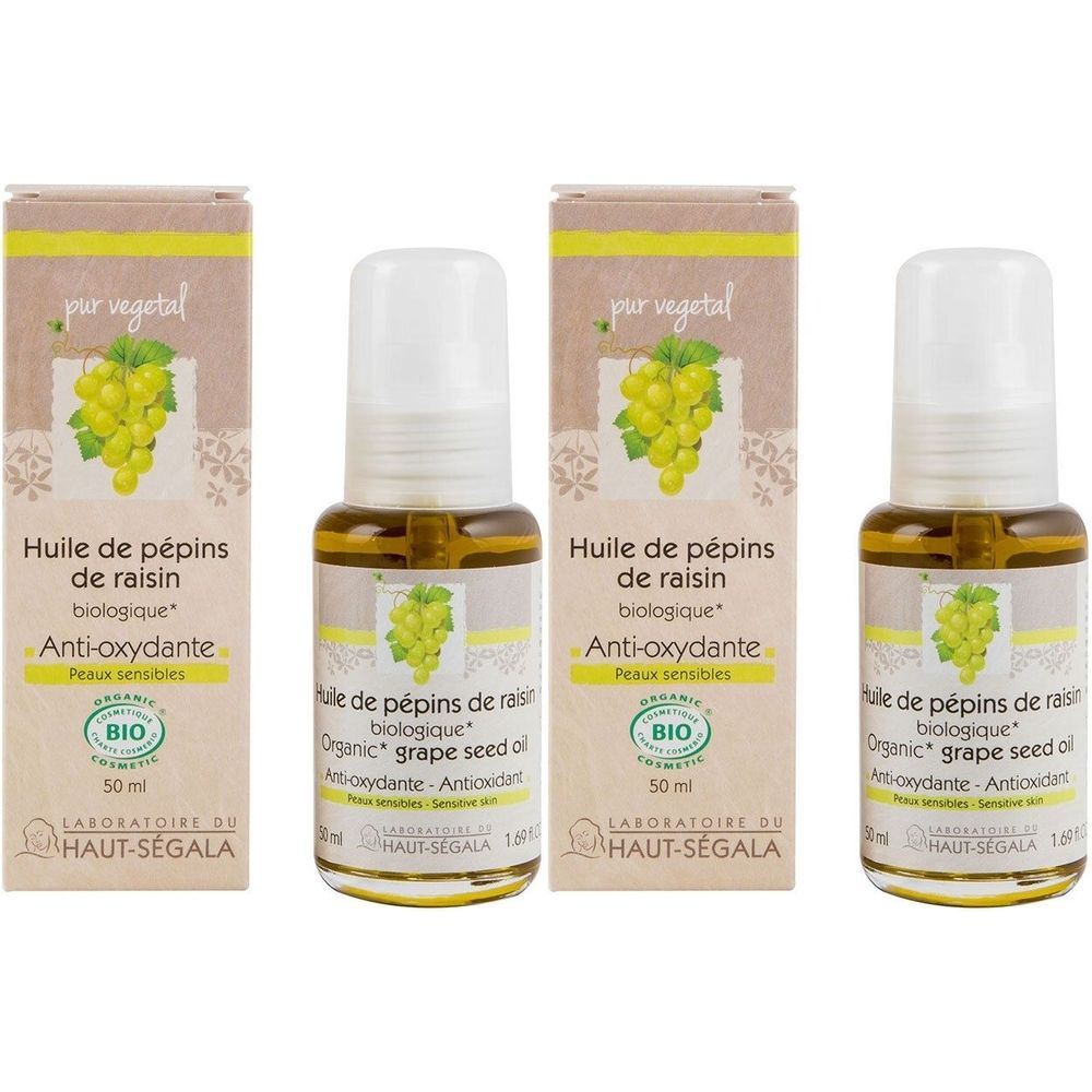 Trois flacons d'huile de pépins de raisin avec emballage carton. Inscription: Huile de pépins de raisin biologique, Anti-oxydante, certification BIO.