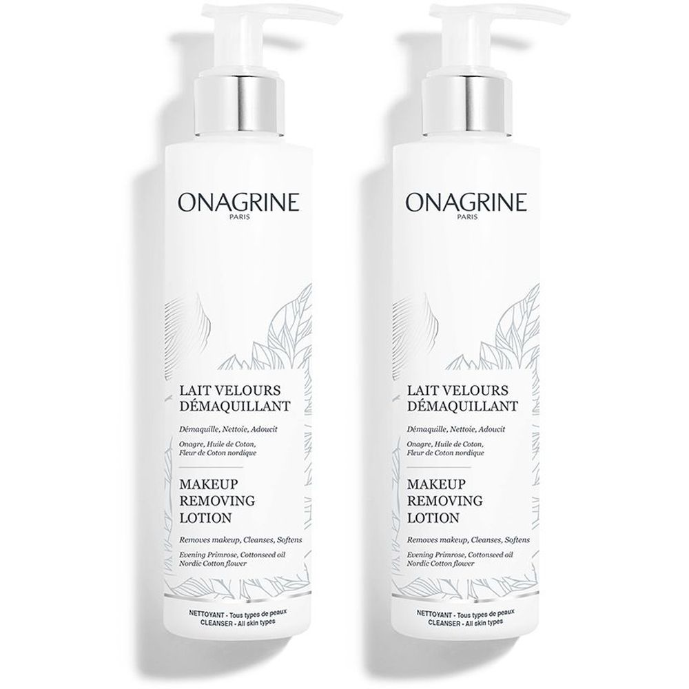 Deux flacons blancs avec pompes argentées. Inscription: ONAGRINE PARIS, LAIT VELOURS DÉMAQUILLANT, MAKEUP REMOVING LOTION.