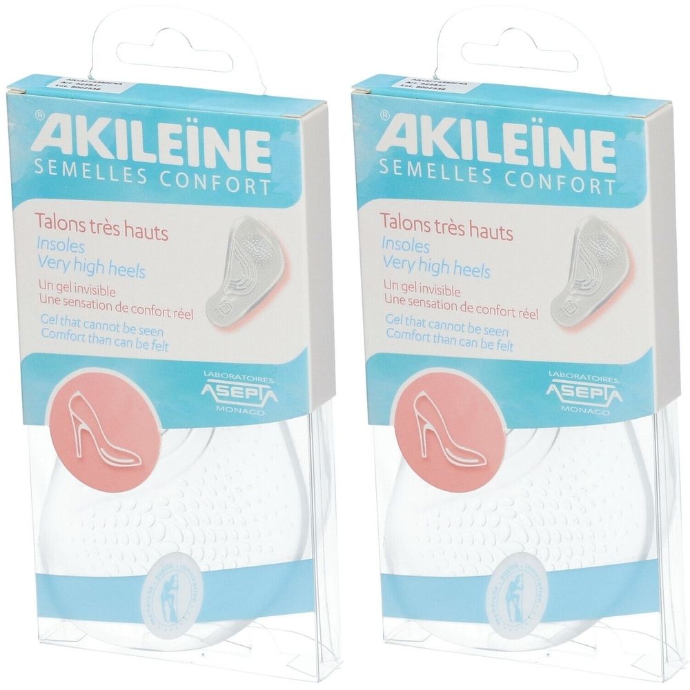 Deux boîtes de semelles AKILEINE pour talons hauts. Semelles visibles, emballage avec nom du produit et illustration de chaussure à talon.