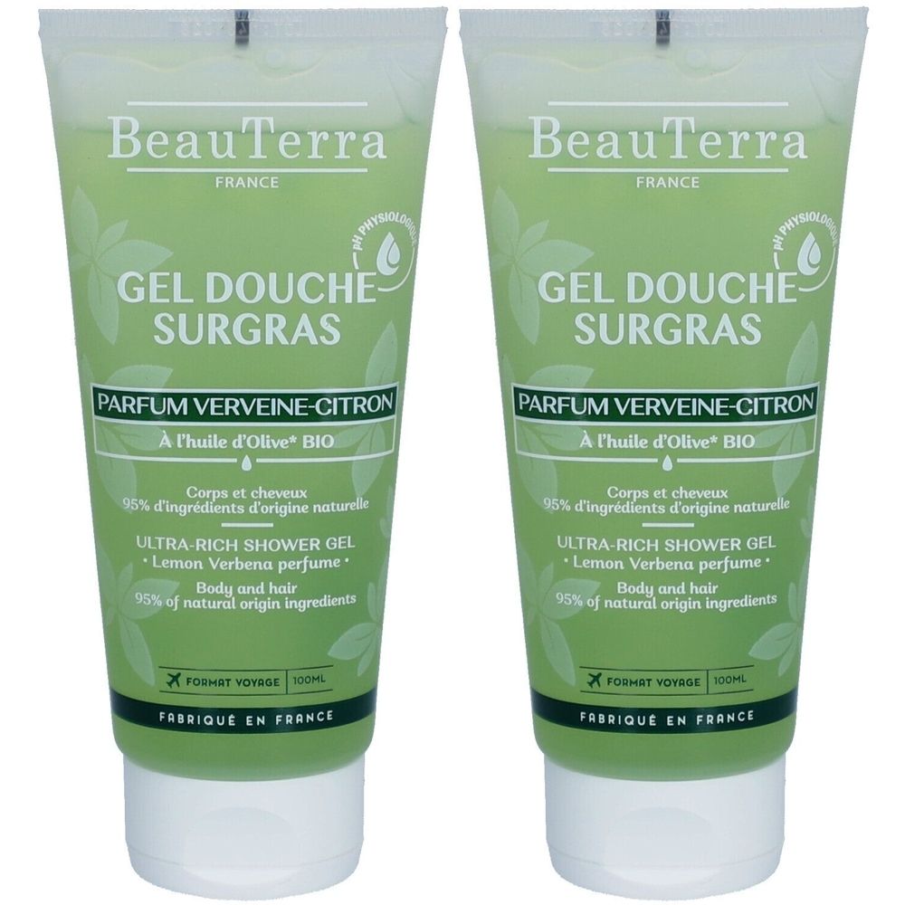 Deux tubes de gel douche. Liquide verdâtre dans des tubes blanc et vert. Inscription: BeauTerra, Gel Douche Surgras, Parfum Verveine-Citron.