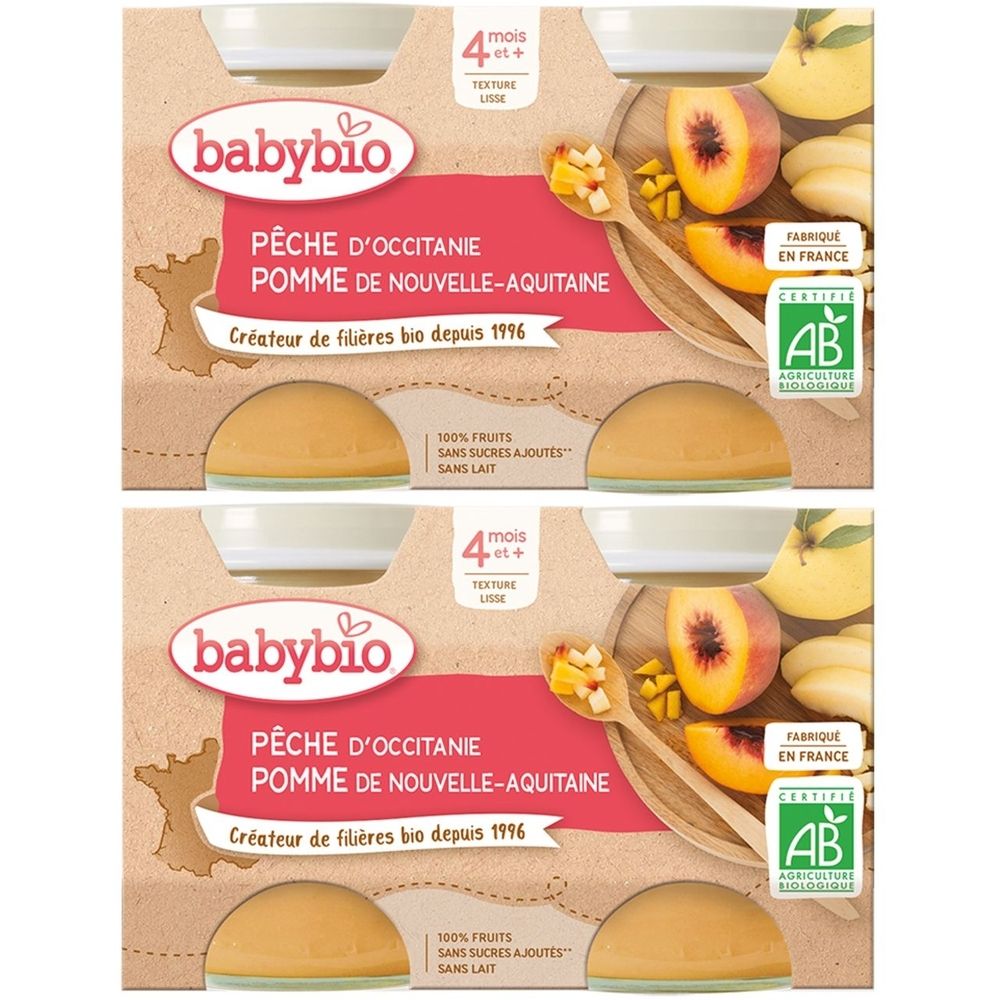 Emballage Babybio. Inscription: Pêche d'Occitanie Pomme de Nouvelle-Aquitaine. Certification bio. Fabriqué en France. Pour 4 mois et plus.