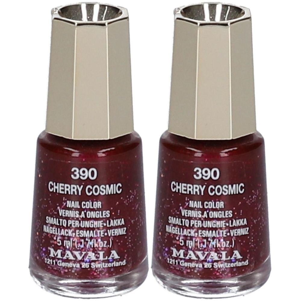 Deux flacons de vernis à ongles Cherry Cosmic 390. Flacon rond avec bouchon argenté. Inscription : MAVALA, 5 ml.