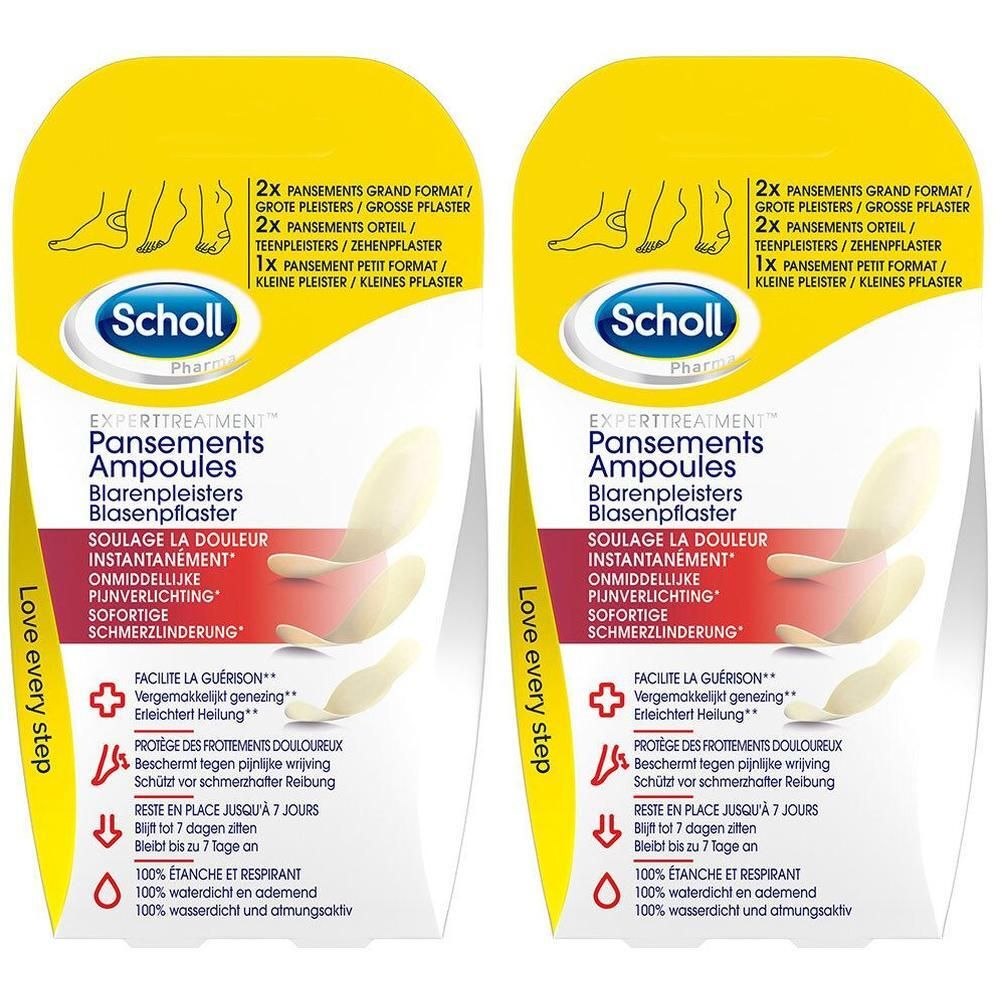 Deux paquets de pansements Scholl. Emballage jaune avec nom du produit et tailles. Contient des pansements pour talons et orteils.