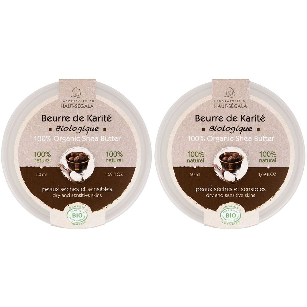 Deux pots ronds de beurre de karité biologique. Inscription "100% Organic Shea Butter". Pour peaux sèches et sensibles. Label BIO.