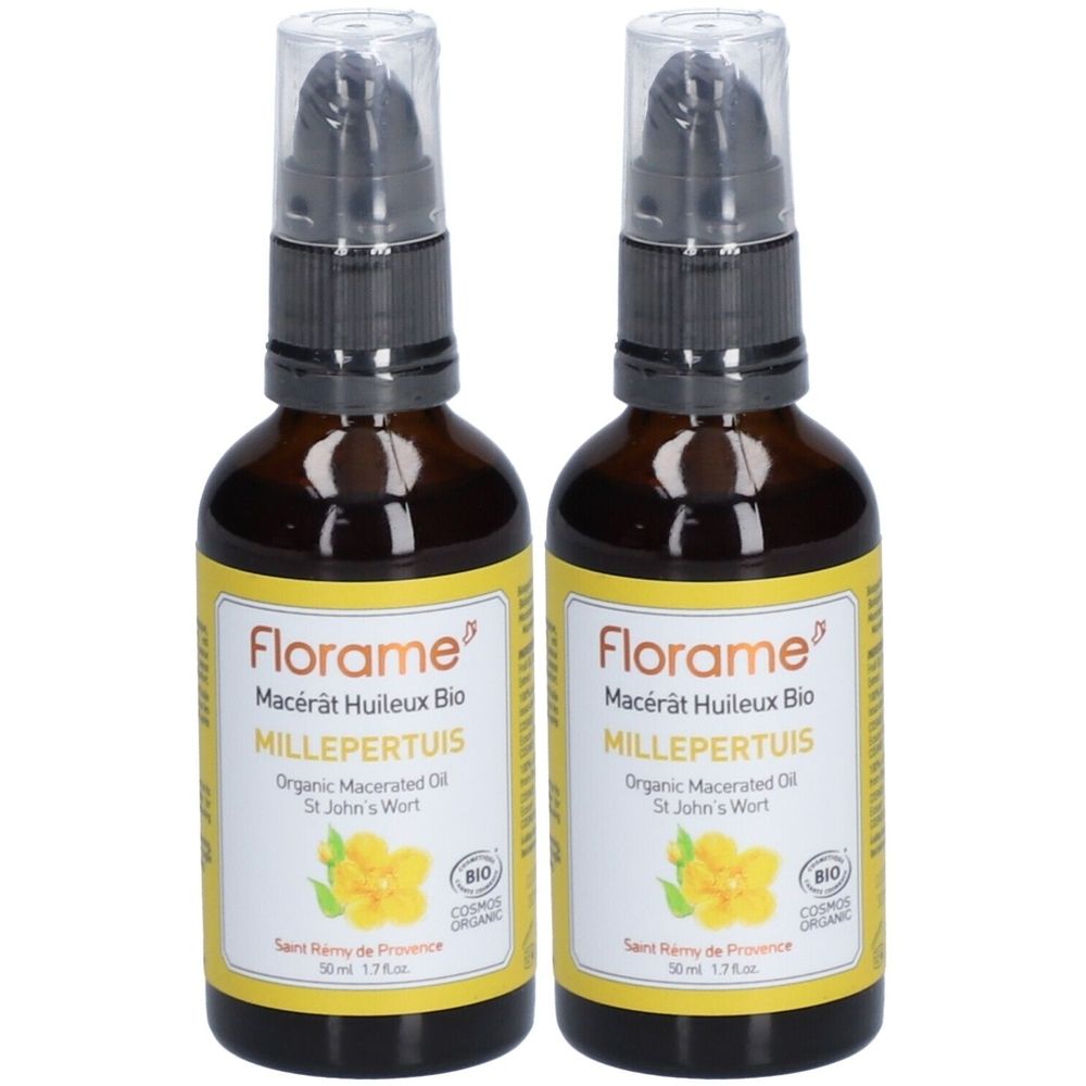 Deux flacons en verre brun avec étiquettes jaunes. On lit "Florame Macérât Huileux Bio Millepertuis". Avec vaporisateur.