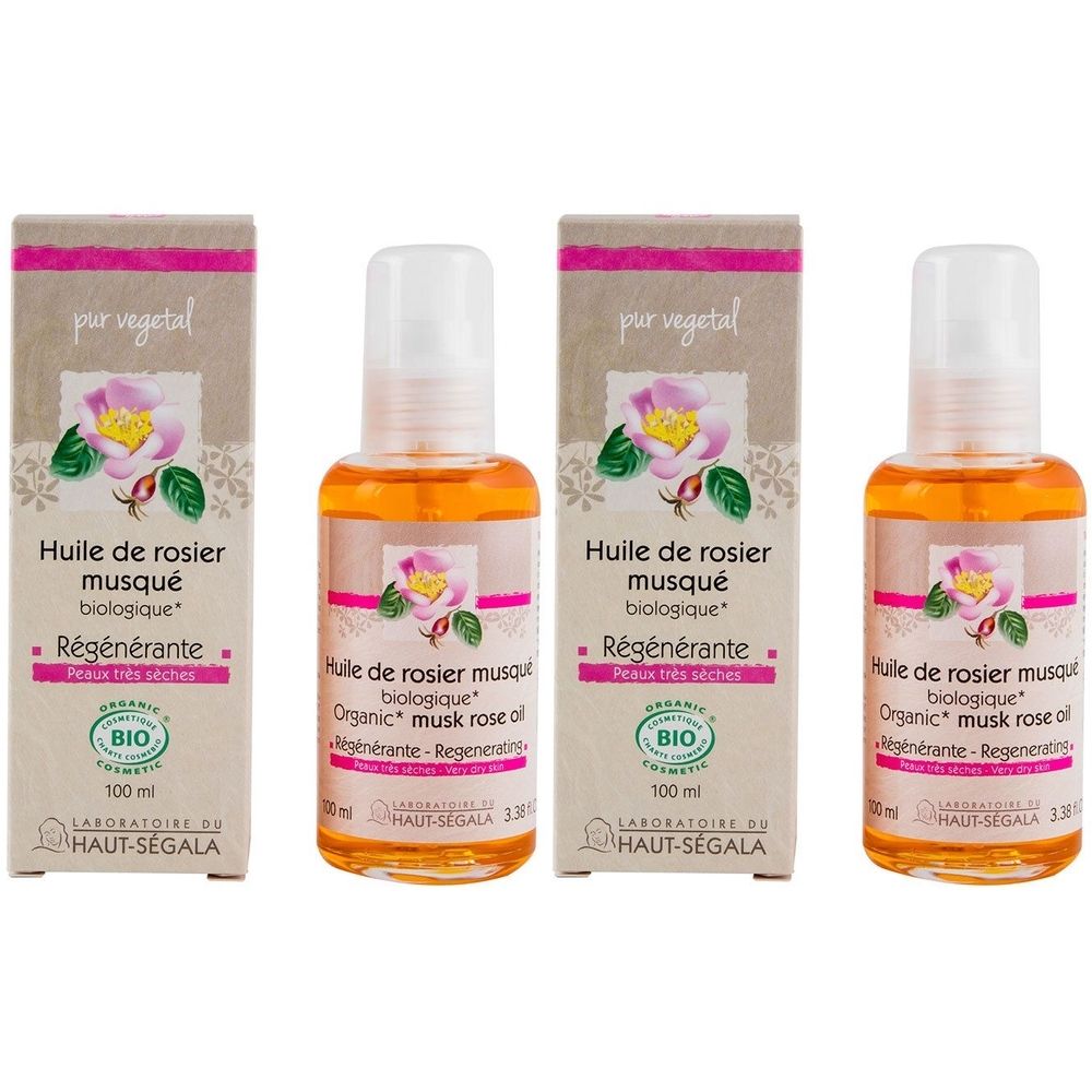 Trois flacons et emballages. Inscription: Huile de rosier musqué biologique, Régénérante. Certification BIO. Laboratoire du Haut-Ségala.