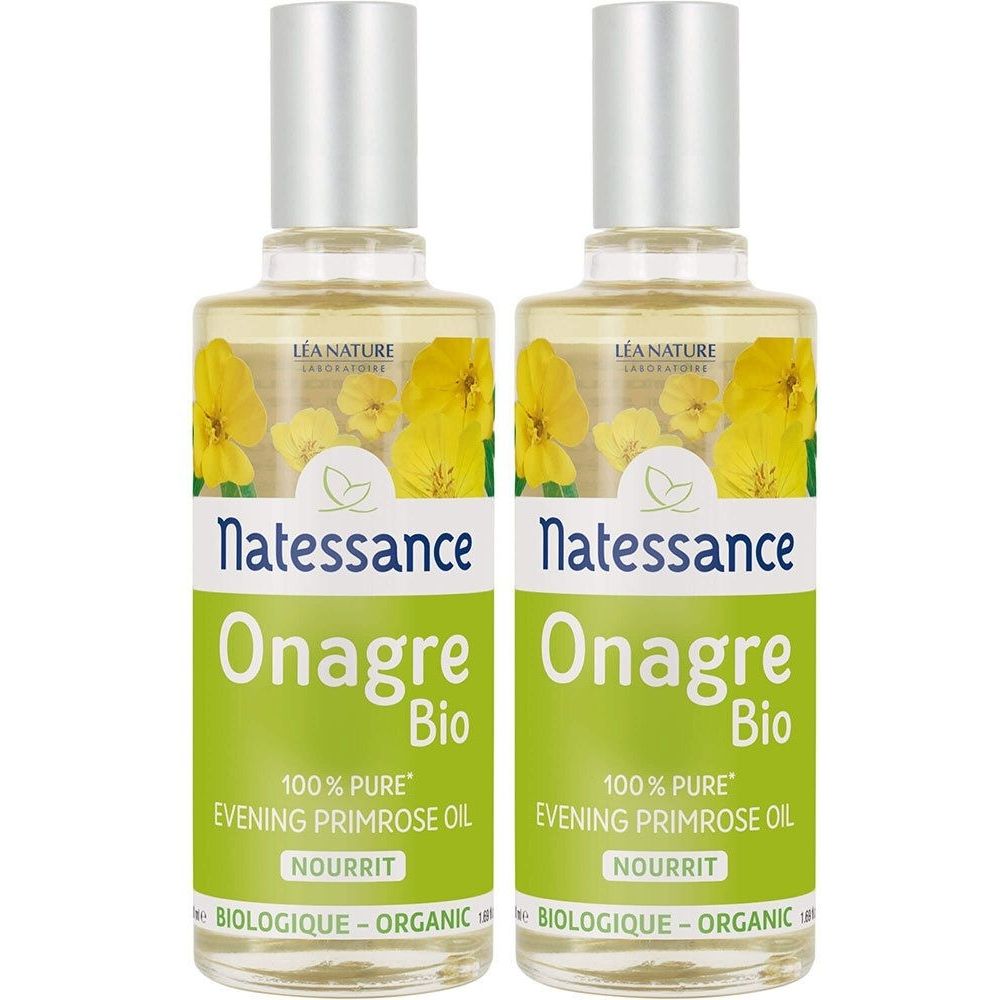 Deux flacons avec bouchons argentés. Inscription: Natessance Onagre Bio, 100% huile d'onagre pure, biologique.
