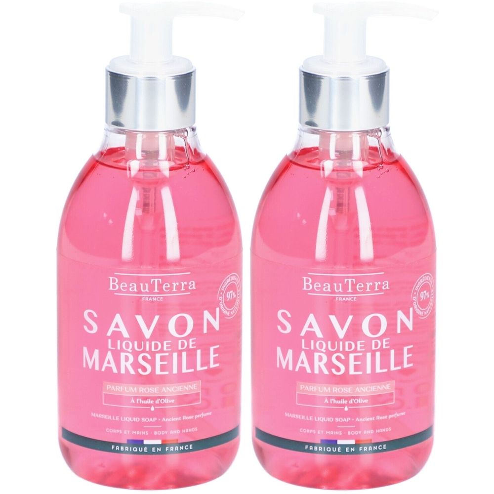 Deux flacons de savon liquide rose. Inscription: BeauTerra, Savon Liquide de Marseille, Parfum Rose Ancienne. Avec pompe.
