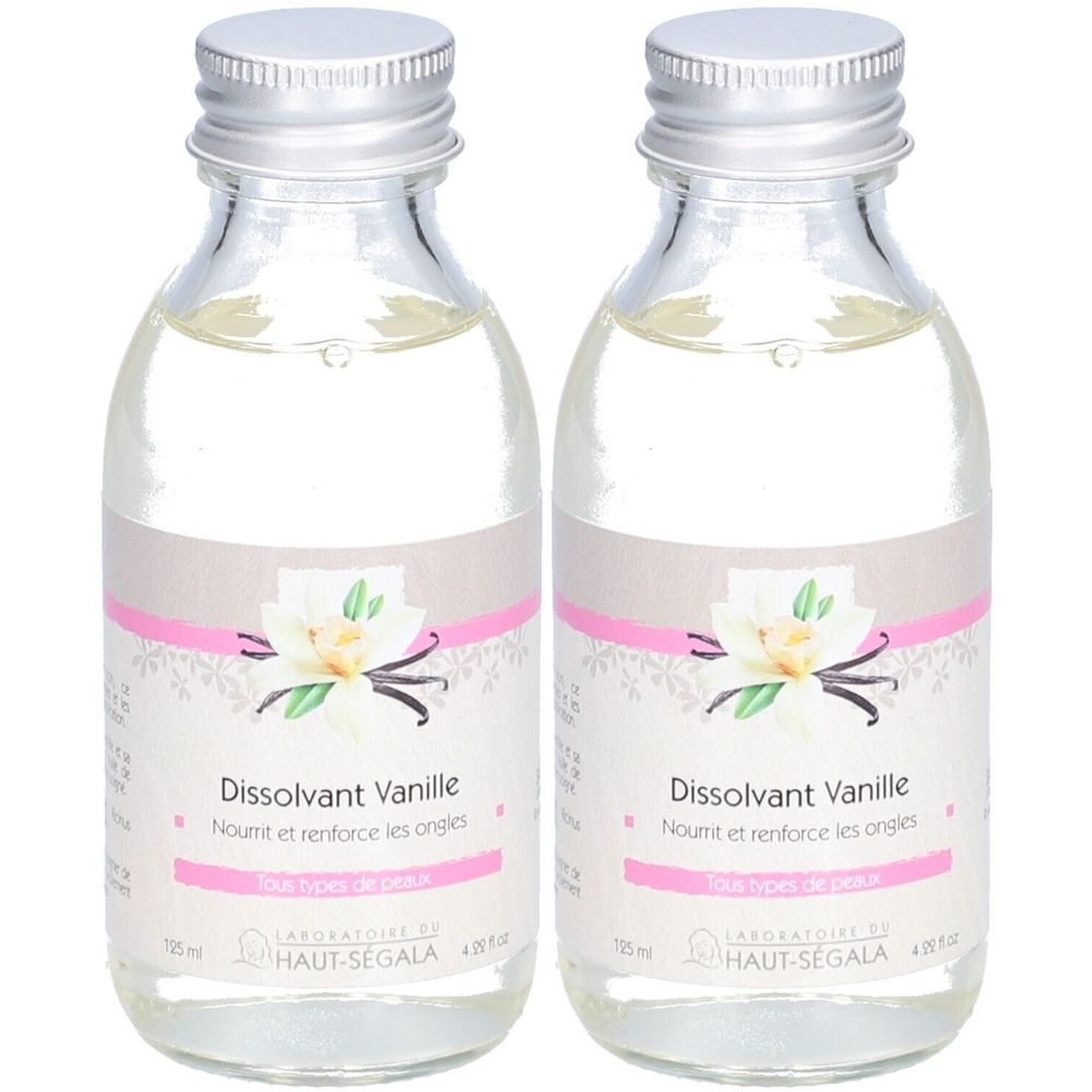 Deux flacons de dissolvant pour ongles. Bouchons argentés. Étiquette avec nom du produit, illustration de vanille et nom de la marque Laboratoire du Haut-Ségala.