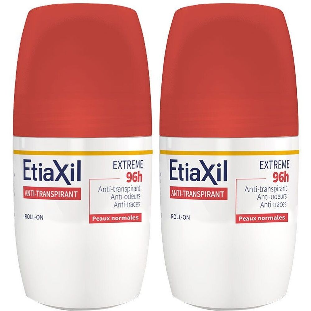 Deux déodorants roll-on, capuchon rouge, flacon blanc. Inscriptions : Etiaxil, Anti-transpirant, Extreme 96h, Peaux normales.