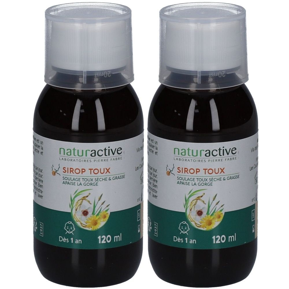 Deux flacons de Naturactive Sirop Toux. Liquide brun dans des flacons en verre avec bouchon blanc. Étiquette avec nom et logo.