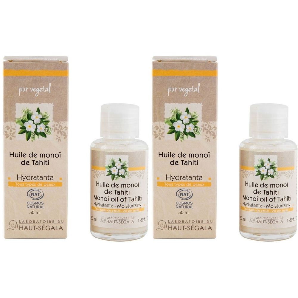 Trois flacons et deux étuis avec impression du produit. Inscription : Huile de monoi de Tahiti, Hydratante, Cosmos Natural. Marque : Laboratoire du Haut-Ségala.