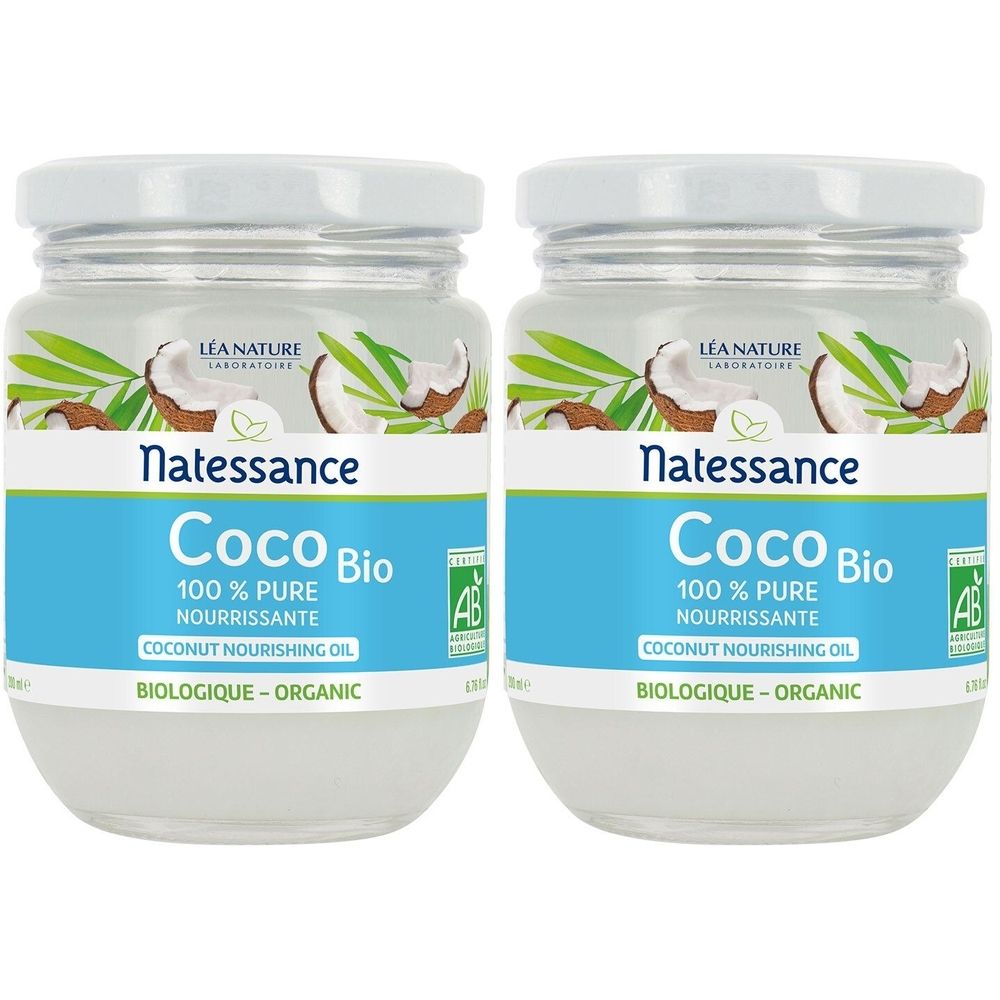 Deux pots de Coco Bio. Inscription: Natessance, 100% Pure, Nourrissante, Biologique-Organic. Couvercle blanc, logo AB.