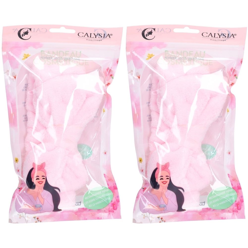 Deux bandeaux roses dans des sachets transparents. Marque CALYSIA. Chaque set comprend un bandeau avec nœud et un accessoire vert.