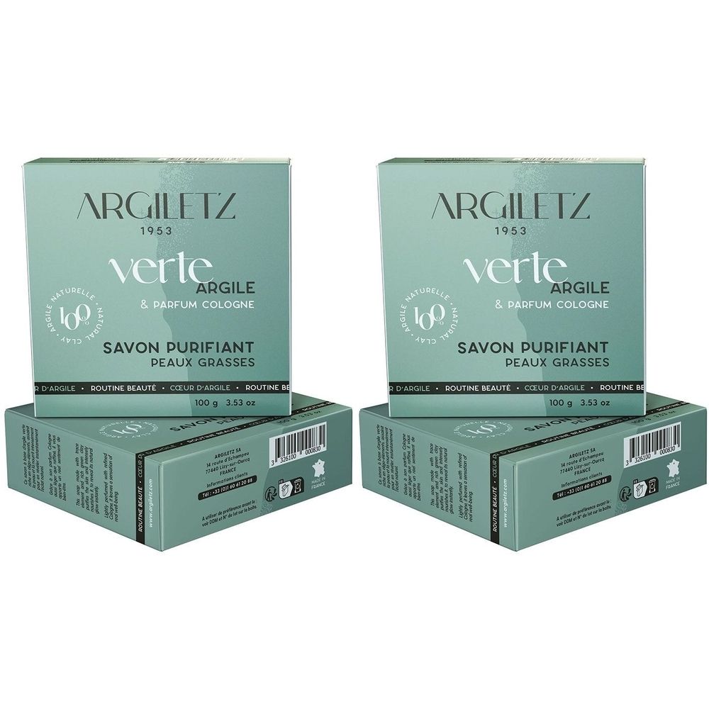Deux boîtes vertes avec le texte "ARGILETZ" et "Verte Argile". Inscription "Savon Purifiant Peaux Grasses".