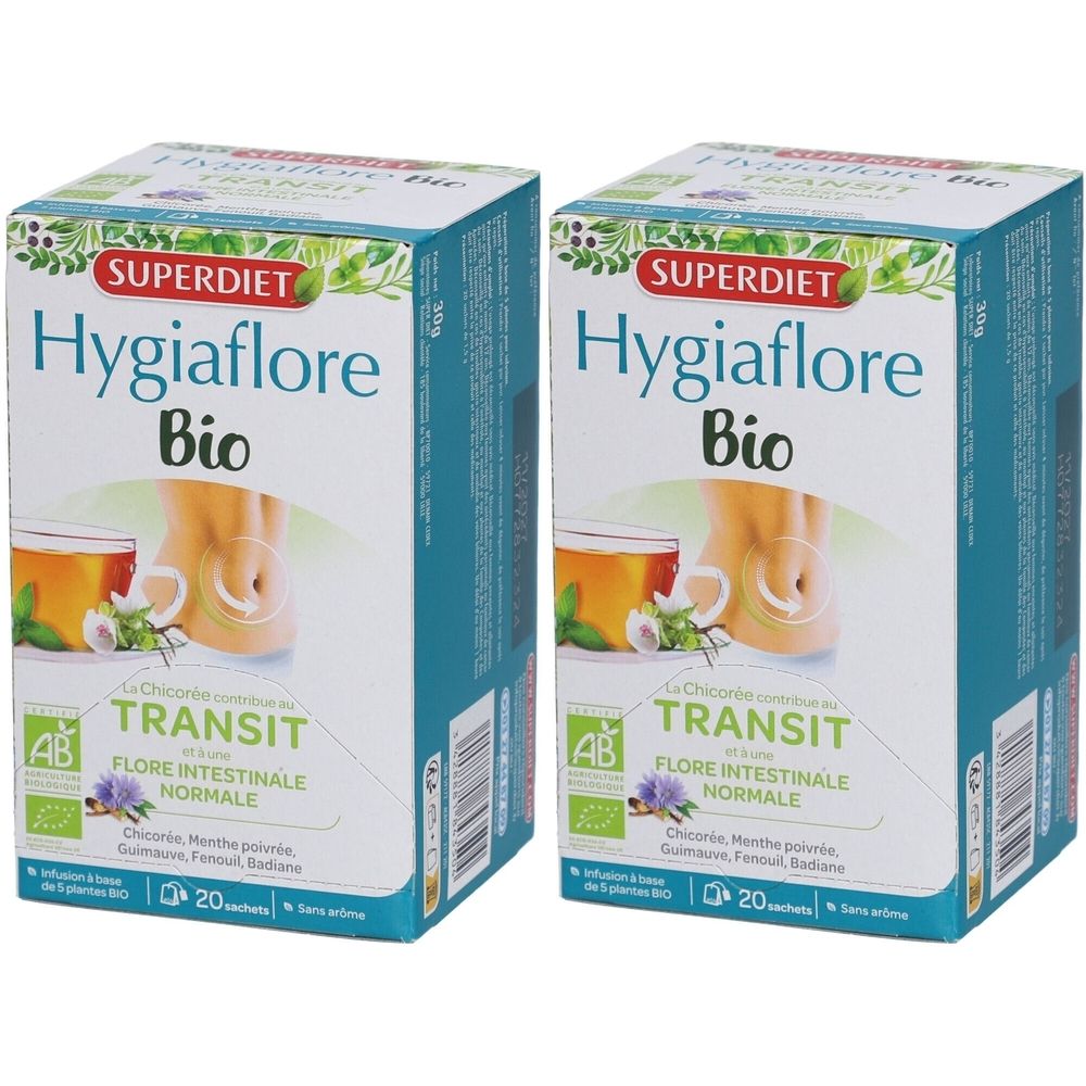 Deux boîtes carrées. Inscription: Superdiet Hygiaflore Bio Transit. Certification AB Bio. 20 sachets.