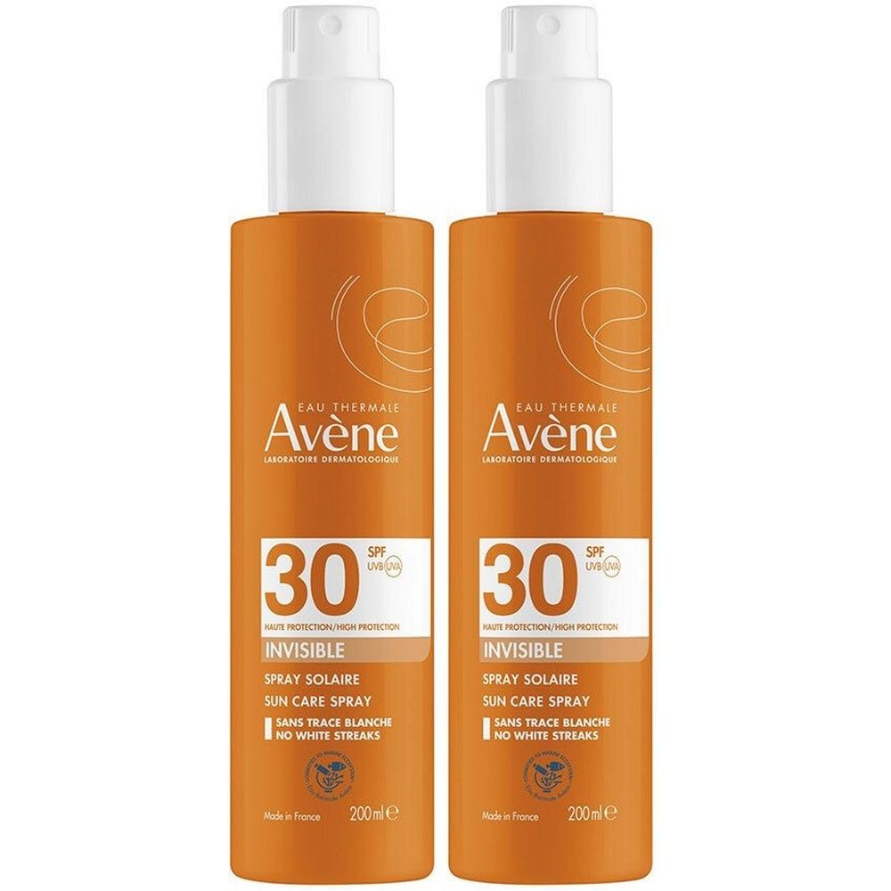 Deux flacons spray orange. Inscription: Avène, 30 SPF, Invisible Spray Solaire, Sun Care Spray. Sans traces blanches. 200 ml.