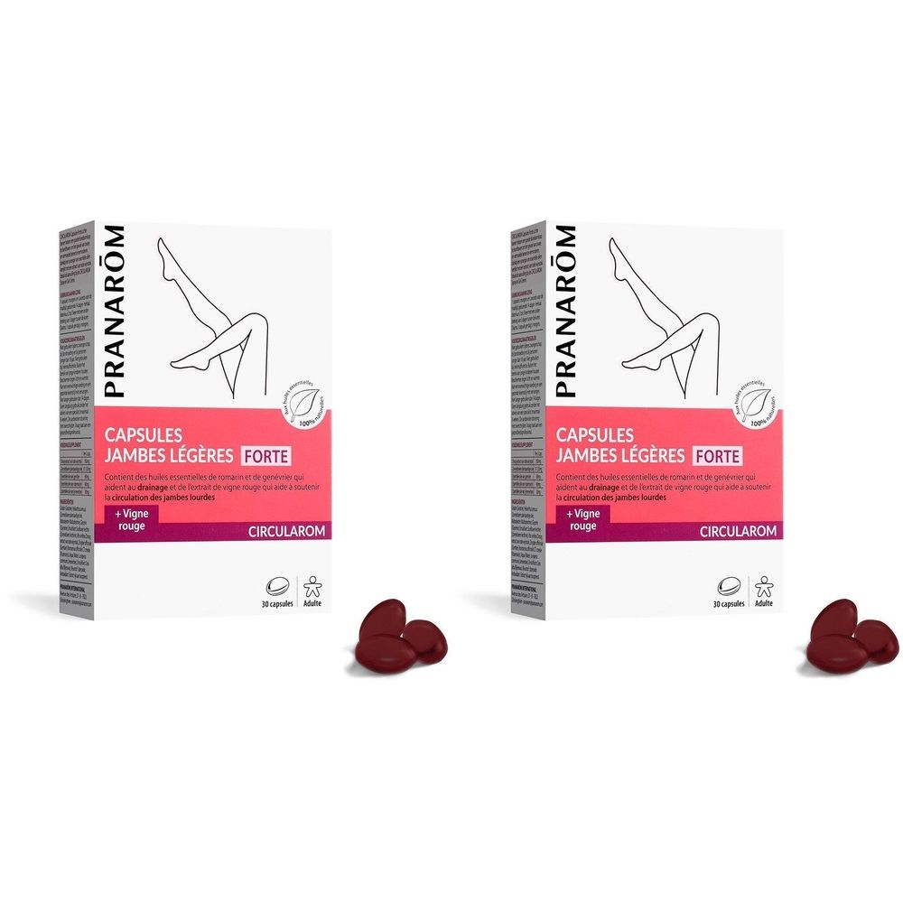 Deux boîtes de "CAPSULES JAMBES LÉGÈRES FORTE" et quelques gélules rouges. Marque PRANAROM.